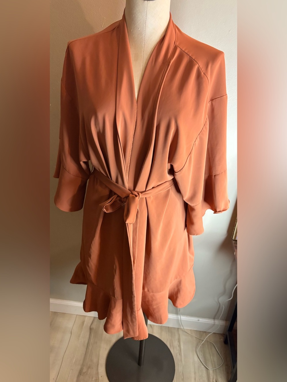 Birdy Grey Rust Orange Satin Wrap Robe with Waist Tie